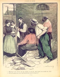 Gruppe von Arbeitern diskutiert über den Ruhestand im Alter von 65 Jahren und Steuerabzüge auf das Gehalt zur Finanzierung staatlicher Renten, Karikatur aus 